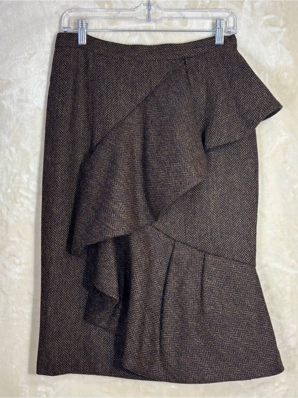 Burberry Prorsum 100% Wool Ruffled Midi Pencil Skirt In Brown Herringbone
